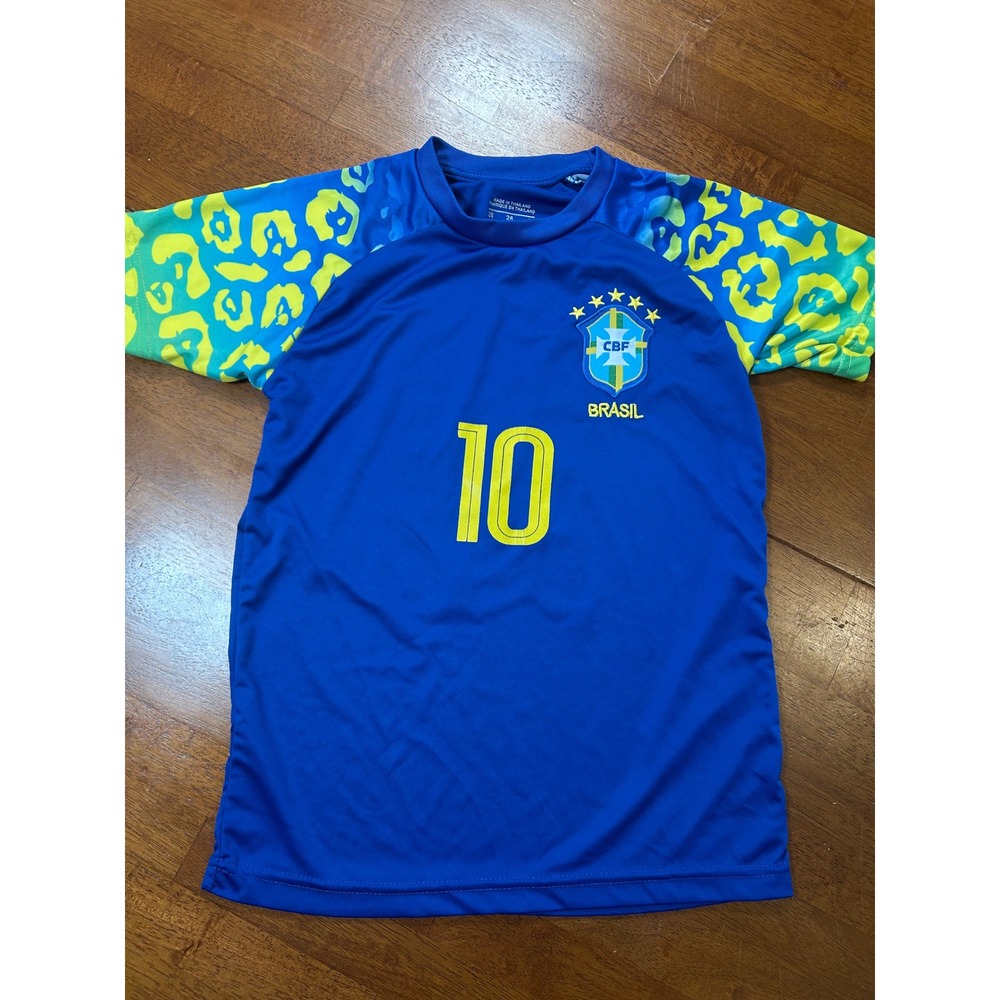 Brazil Soccer Jersey Youth 26 Blue Pele 10 Leopard Print Sleeves